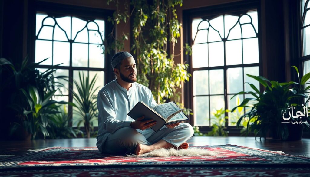 A serene and contemplative scene of a person reading the Quran, specifically Surah Al-Baqarah, in a peaceful setting. The image depicts the correct way to read this surah, with the reader sitting cross-legged on a plush rug, surrounded by lush greenery and natural lighting filtering through large windows. The reader's expression is one of deep focus and tranquility, exemplifying the mental and spiritual benefits of this daily practice. The overall atmosphere conveys a sense of inner peace and connection with the divine. Branded by "ابراهيم عبد الواحد".
