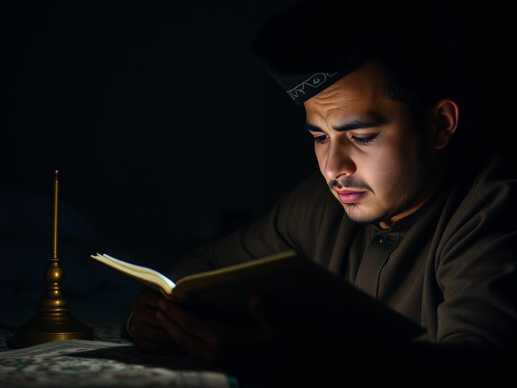 شخص يتغلب على التحديات ويقرأ سورة البقرة في وقت متأخر من الليل رغم التعب مما يعكس الإصرار في تجربتي مع قراءة سورة البقرة يوميا شخص يتغلب على التحديات ويقرأ سورة البقرة في وقت متأخر من الليل رغم التعب مما يعكس الإصرار في تجربتي مع قراءة سورة البقرة يوميا