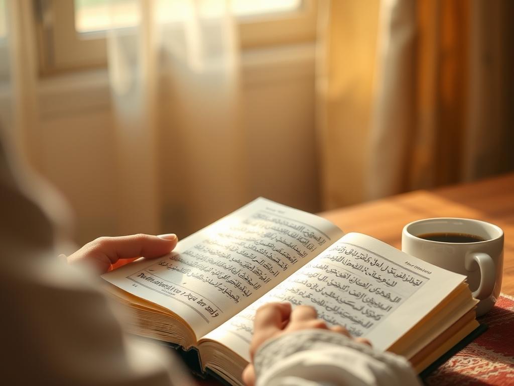 شخص يقرأ سورة البقرة في المصحف في وقت مبكر من الصباح مع فنجان قهوة يعكس بداية تجربتي مع قراءة سورة البقرة يوميا شخص يقرأ سورة البقرة في المصحف في وقت مبكر من الصباح مع فنجان قهوة يعكس بداية تجربتي مع قراءة سورة البقرة يوميا