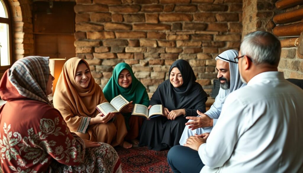 مجموعة من الأشخاص يشاركون تجاربهم الإيجابية مع قراءة سورة البقرة في جلسة حوارية تعكس تنوع القصص في تجربتي مع قراءة سورة البقرة يوميا مجموعة من الأشخاص يشاركون تجاربهم الإيجابية مع قراءة سورة البقرة في جلسة حوارية تعكس تنوع القصص في تجربتي مع قراءة سورة البقرة يوميا