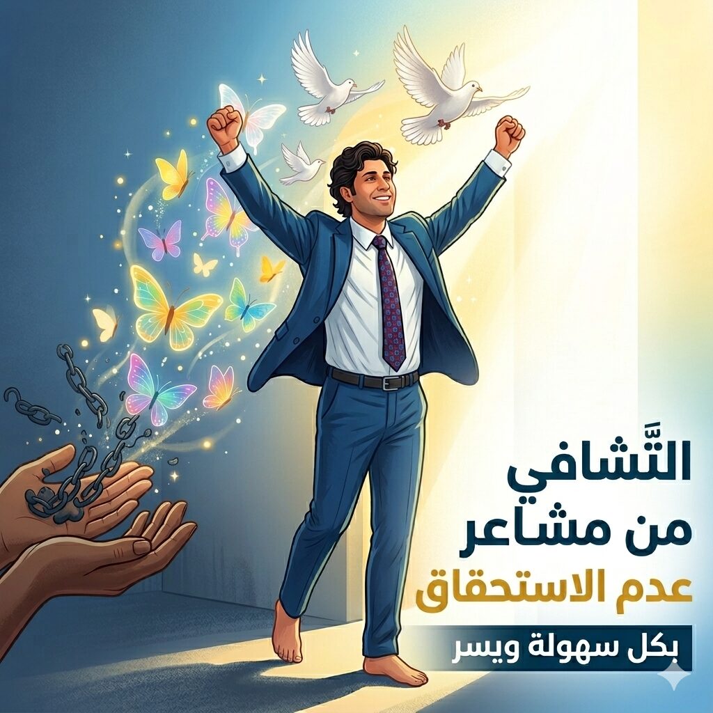 رجل يحرر نفسه من القيود الداكنة ويسير نحو ضوء ذهبي، مع نصوص عربية عريضة وواضحة جداً تقول 'التَّشَافِي مِن مَشَاعِرِ عَدَم الِاسْتِحْقَاق' و'بِكُلِّ سُهُولَةٍ وَيُسْر'. الفراشات والحمائم البيضاء تملأ الأجواء، بتباين قوي بين الألوان الداكنة والمشرقة لجذب الانتباه في نتائج بحث جوجل